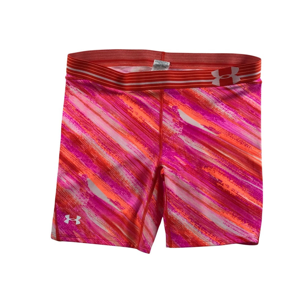 Under Armour HeatGear Pink Orange Abstract Print Compression Shorts XL Womens